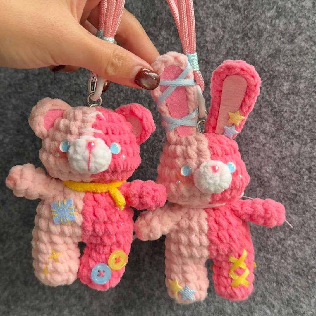 Crochet Amigurumi Pattern | Easter Bunny & Bear Bag Charm Keychain | Velvet Yarn Kawaii Plush PDF