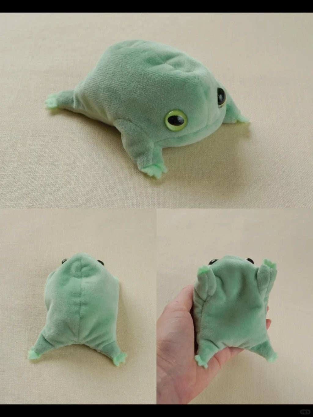 Mint green frog plush shown from the front, back and underside, with a hand for size reference.