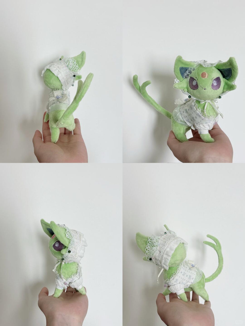 A four-panel photo showing a small green plush Pokémon eevee creature doll being held in a person's hand against a plain white wall. The doll has large ears, purple eyes, a pink forehead mark, and a white lace-like outfit.