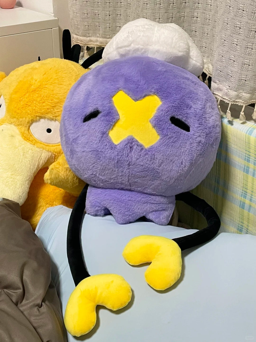 Large handmade Drifloon plush displayed with yellow heart-tipped black arms