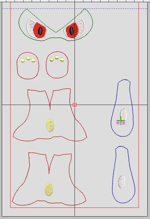 Embroidery layout preview for the Lucario-inspired plush face, paws, chest panel and arm markings