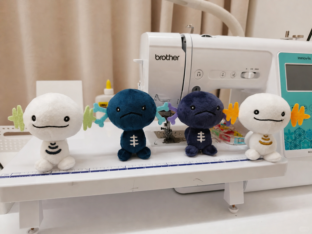 Four Wooper small plush toy figures with simple stitched faces are lined up on a white Brother sewing machine. The figures are white, dark blue, and navy, with small colorful wings behind them.