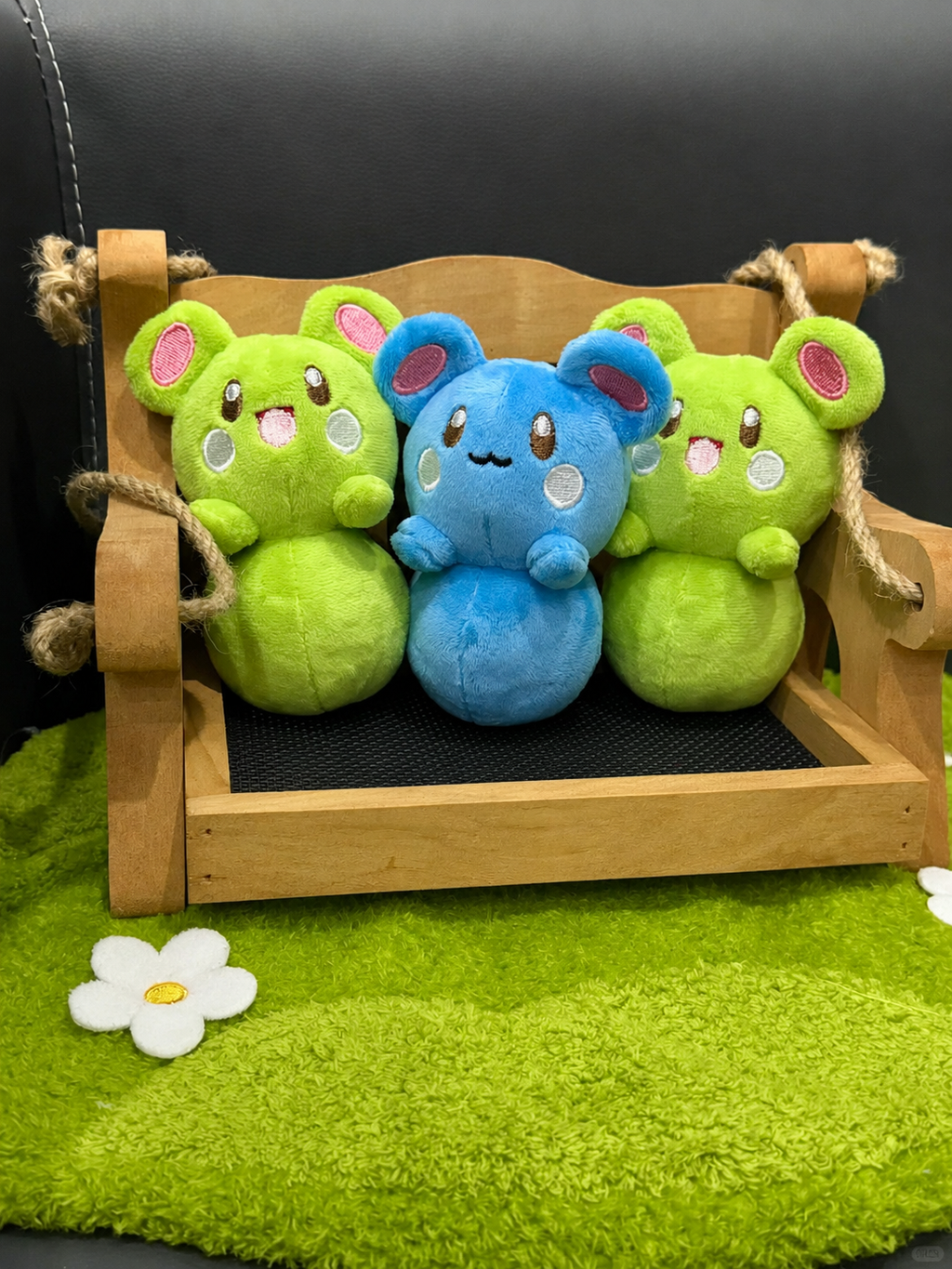 Marill plush sewing pattern PDF with handmade round blue plush and embroidered face