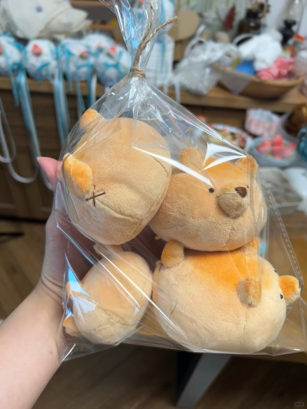 A hand holds a clear plastic bag containing three small plush bear-shaped items in warm beige and light brown tones, with a blurred shop interior in the background.