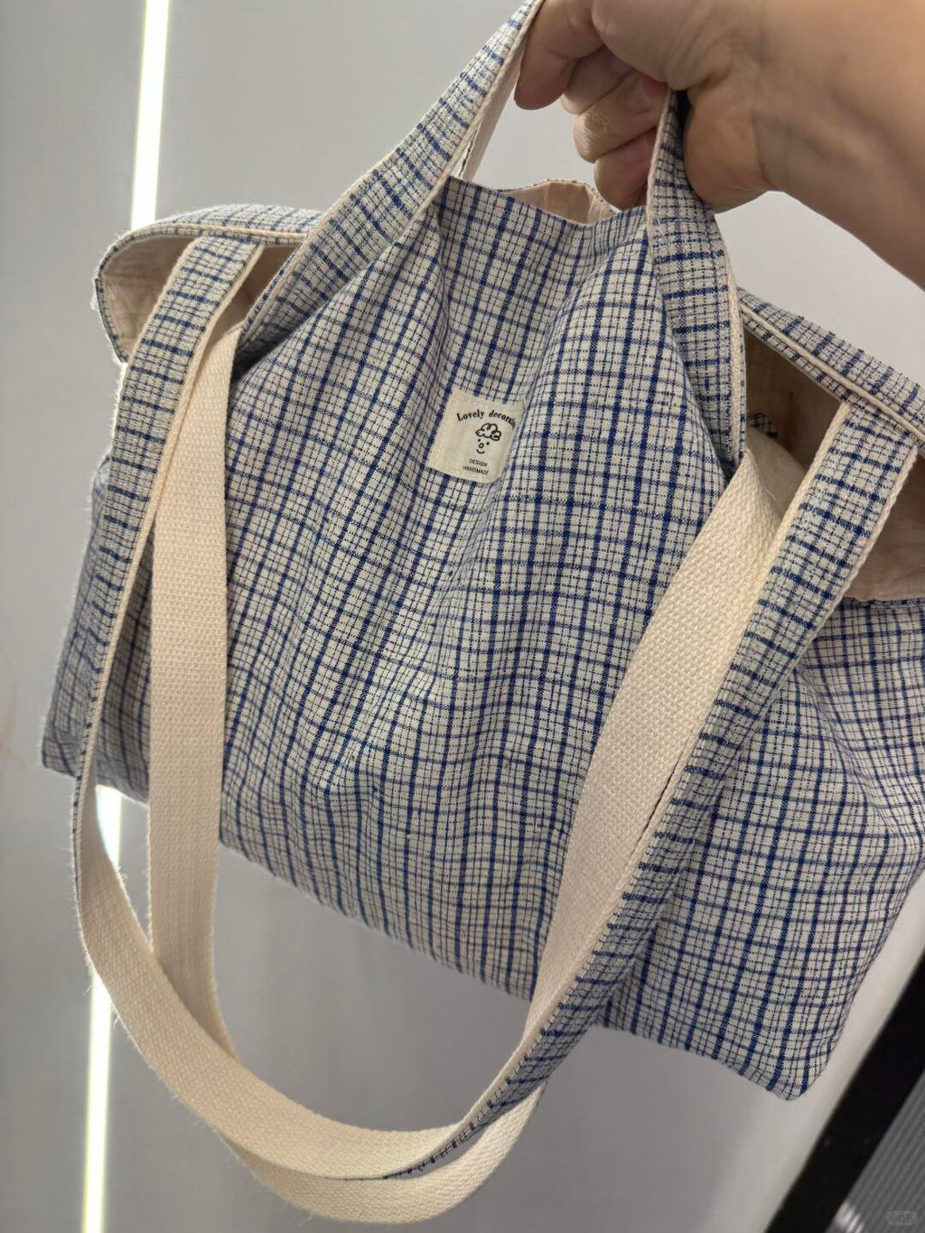 A close-up of a hand holding a canvas tote bag with a blue and white windowpane plaid pattern and thick cream-colored shoulder straps.