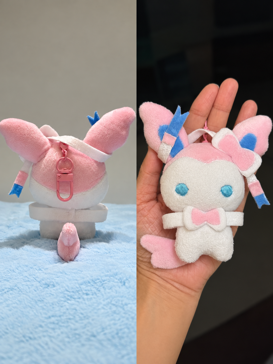 A split-screen photo showing a small eevee plush  keychain or bag charm. The left side shows the item alone on a light blue surface against a plain wall, and the right side shows a hand holding the same plush against a dark indoor background.