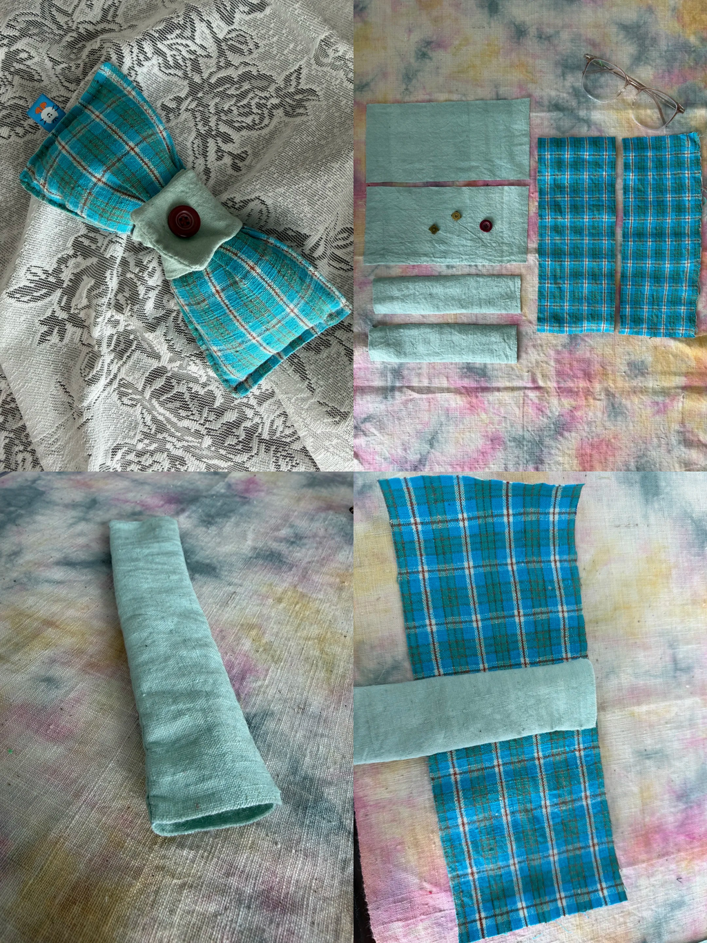 A four-panel collage showing the construction and styling of a handmade Bow Glasses Case bag. The panels show a finished teal and blue plaid bow with a sage green center and button, flat pieces of the same fabric, a sage green fabric rolled into a cylinder, and a flat piece of the plaid fabric with a sage green band laid out on a pastel tie-dye background.