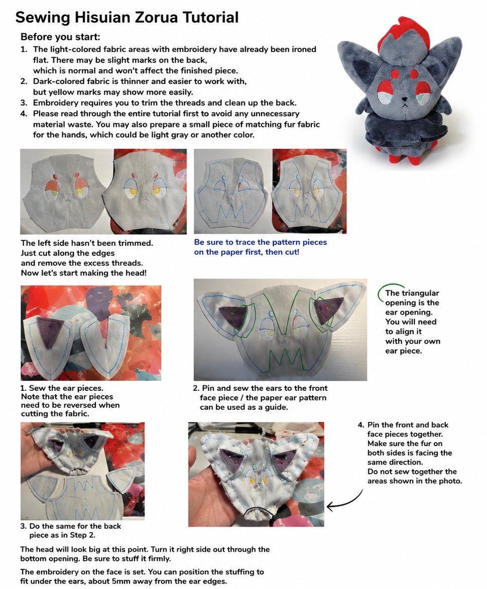 Pokemon Zorua Sewing Pattern PDF | Plush Sewing Pattern | DIY Plush Toy | Stuffed Animal Pattern | Soft Toy Tutorial | Beginner Friendly