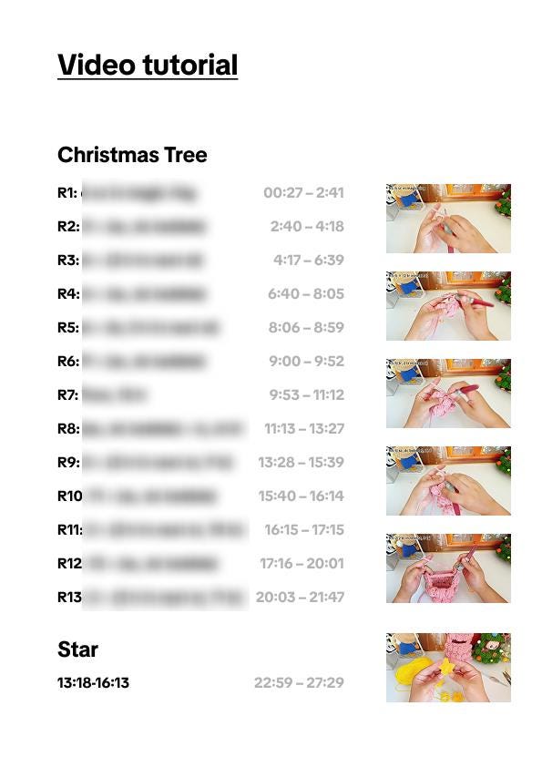 Video tutorial for crocheting a Christmas tree with timestamps and step-by-step images.
