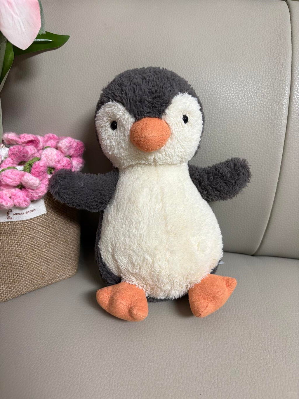 Peanut Penguin plush sewing process showing the sewn penguin shape before stuffing