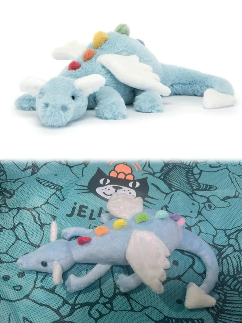 Blue Sky Dragon plush sewing pattern sample beside a larger dragon toy for size comparison