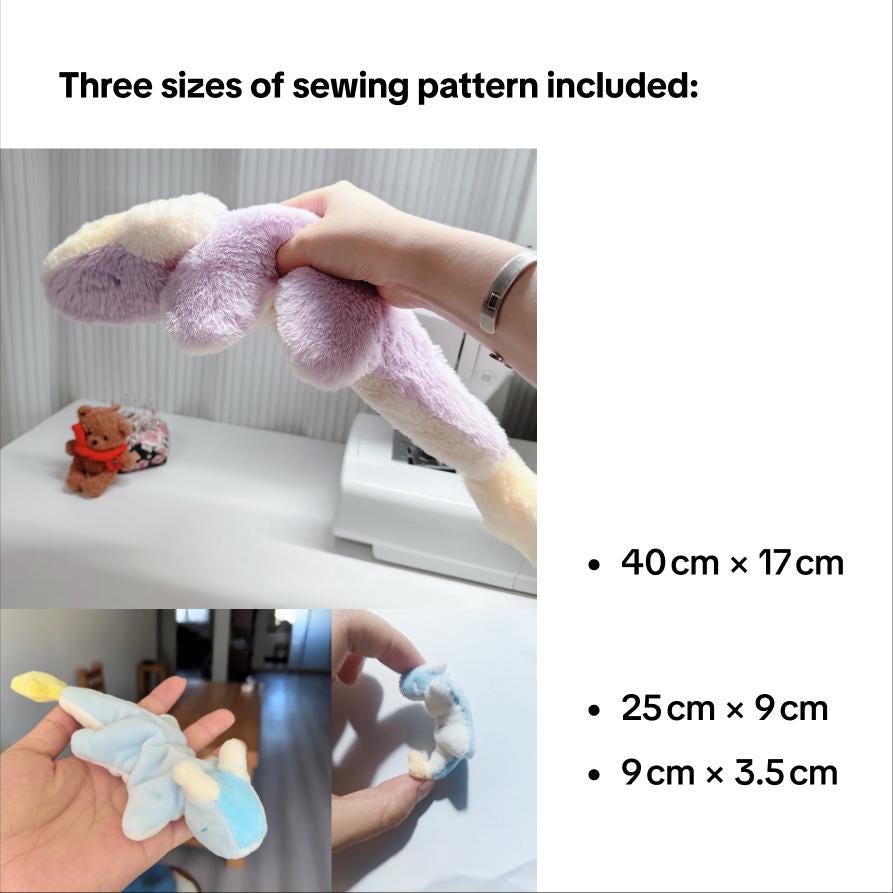 Three sizes of sewing patterns displayed with a hand holding each size.