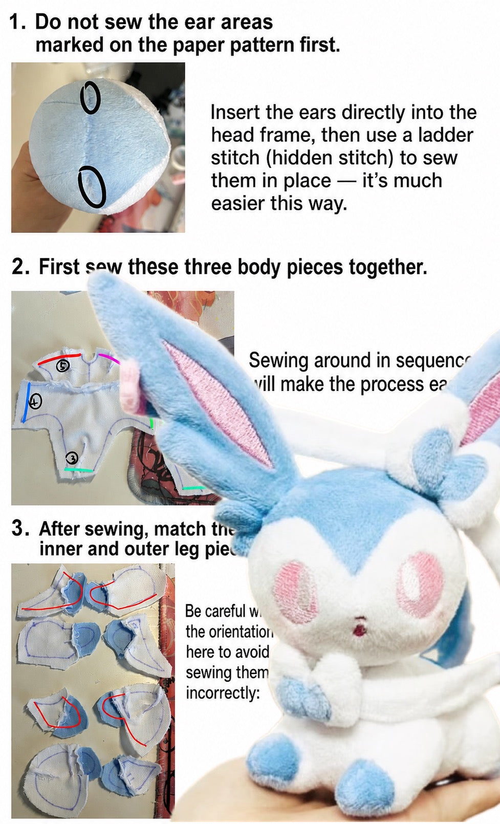 Instructions for sewing a Sylveon  plush toy with images and text on a white background