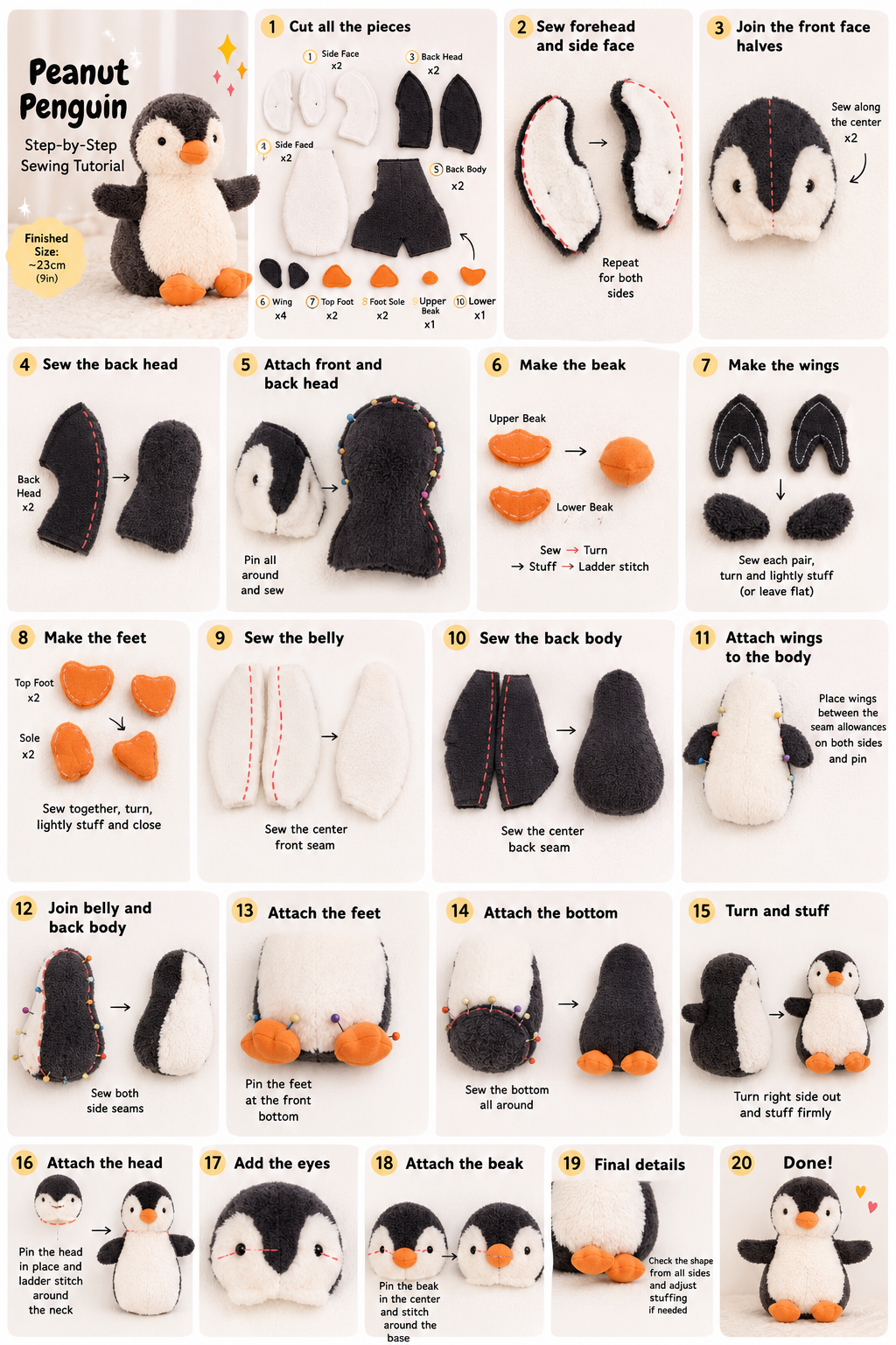Peanut Penguin plush sewing pattern preview with a handmade black and white penguin soft toy