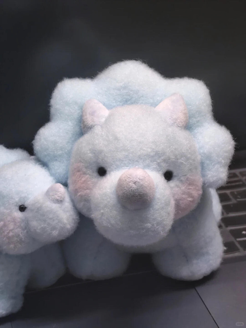 Two plush dinosaur toys on a dark surface