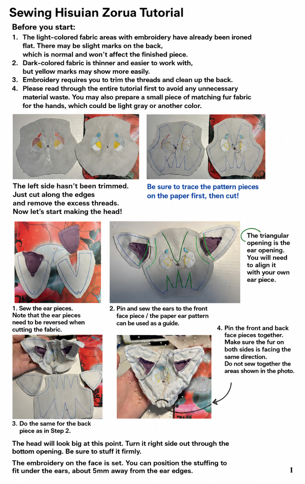 A sewing tutorial sheet titled 'Sewing Hsiuana Zorua Tutorial' with step-by-step instructions, small fabric swatches, and line drawings showing how to construct a cat ear piece.