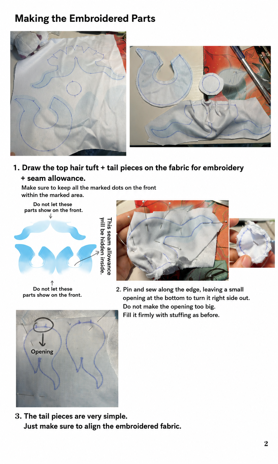 Zorua Sewing Tutorial, printed sewing instruction sheet titled 'Making the Embroidered Parts' with multiple small photos, diagrams, and step-by-step sewing directions on white paper.