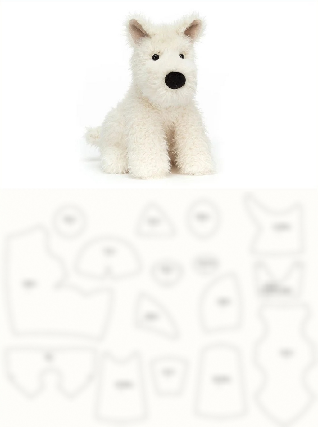 White Scottie plush dog toy sewing pattern on a white background