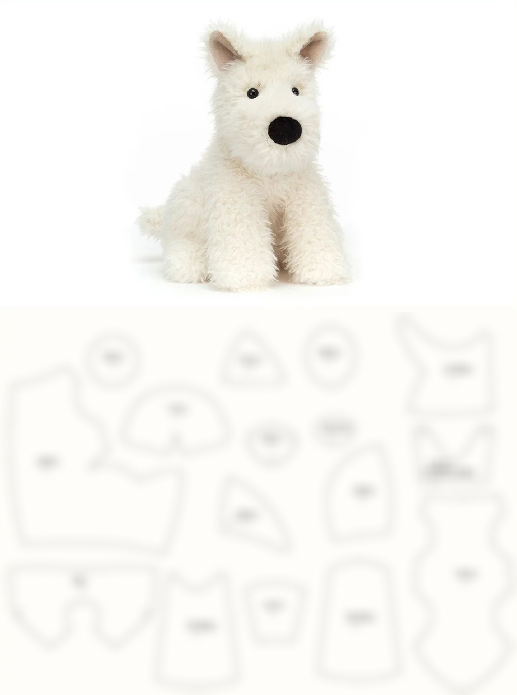 White Scottie plush dog toy sewing pattern on a white background