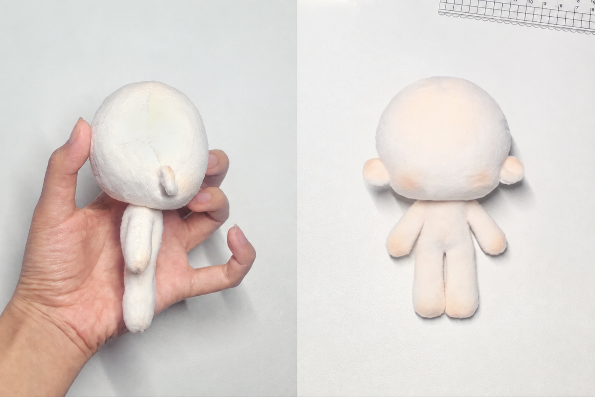 Japanese-style plush doll base, front and side views