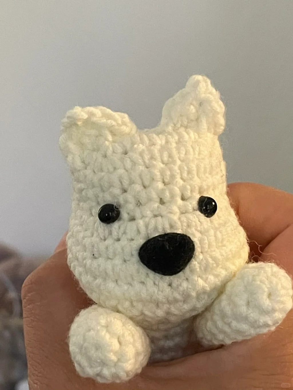 White crochet dog toy held in a hand against a neutral background