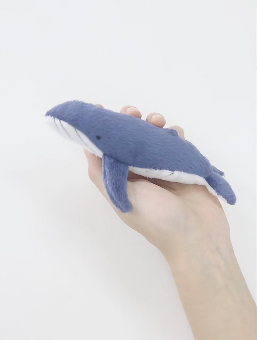Hand holding a small blue whale plush toy against a white background