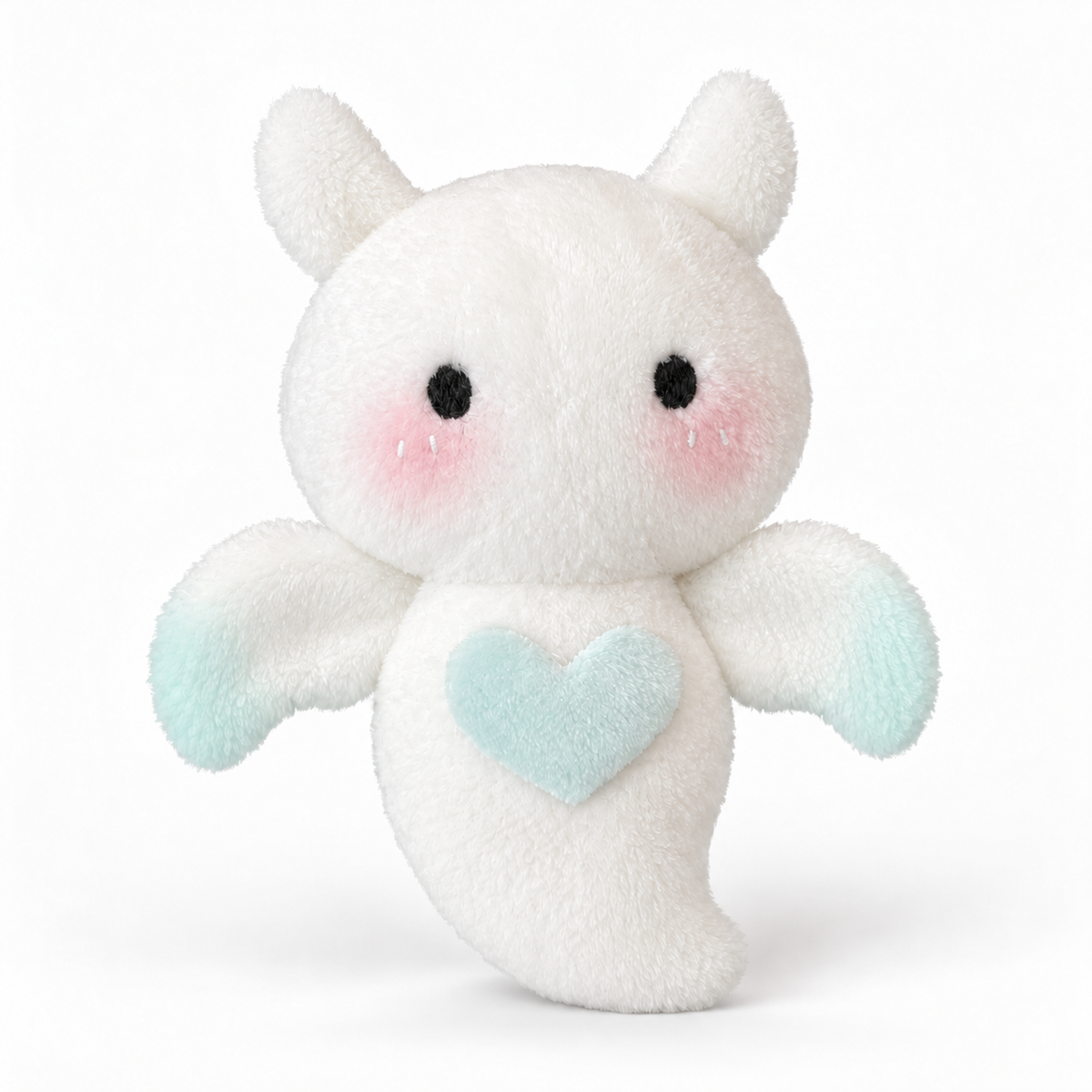 Front view of white angel bat plush with pale mint wings opened