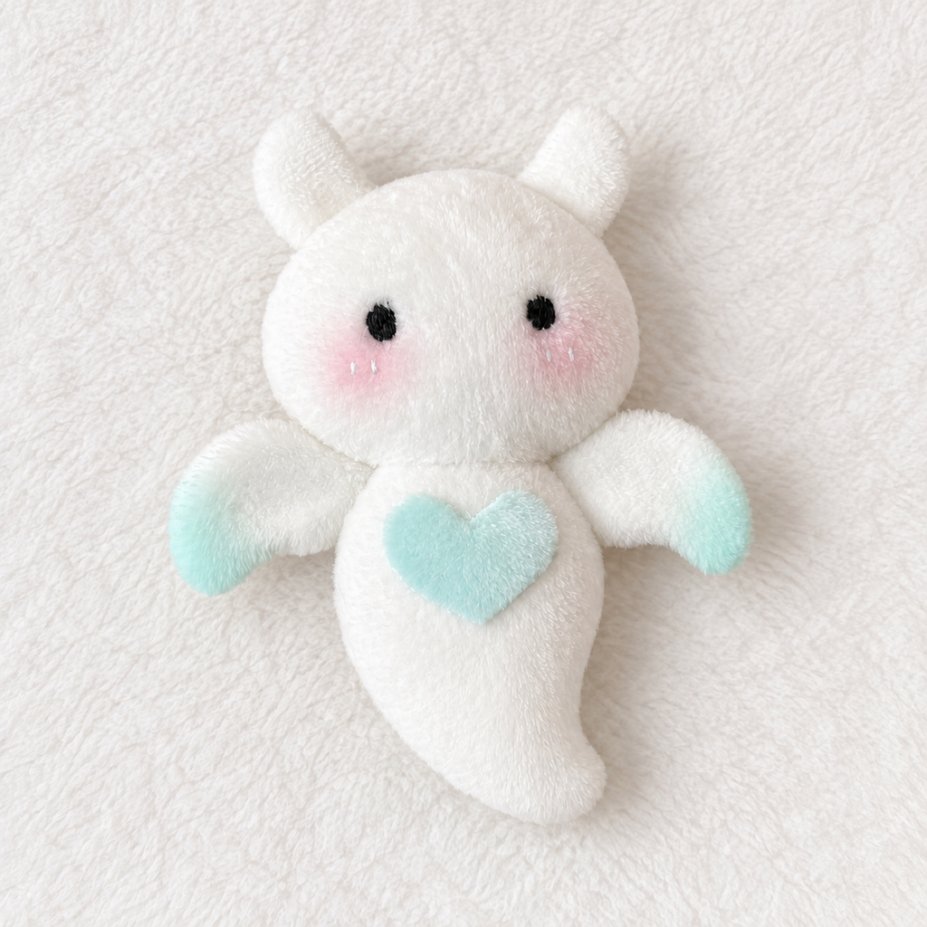 Top-down view of white angel bat plush with pale mint wings and heart