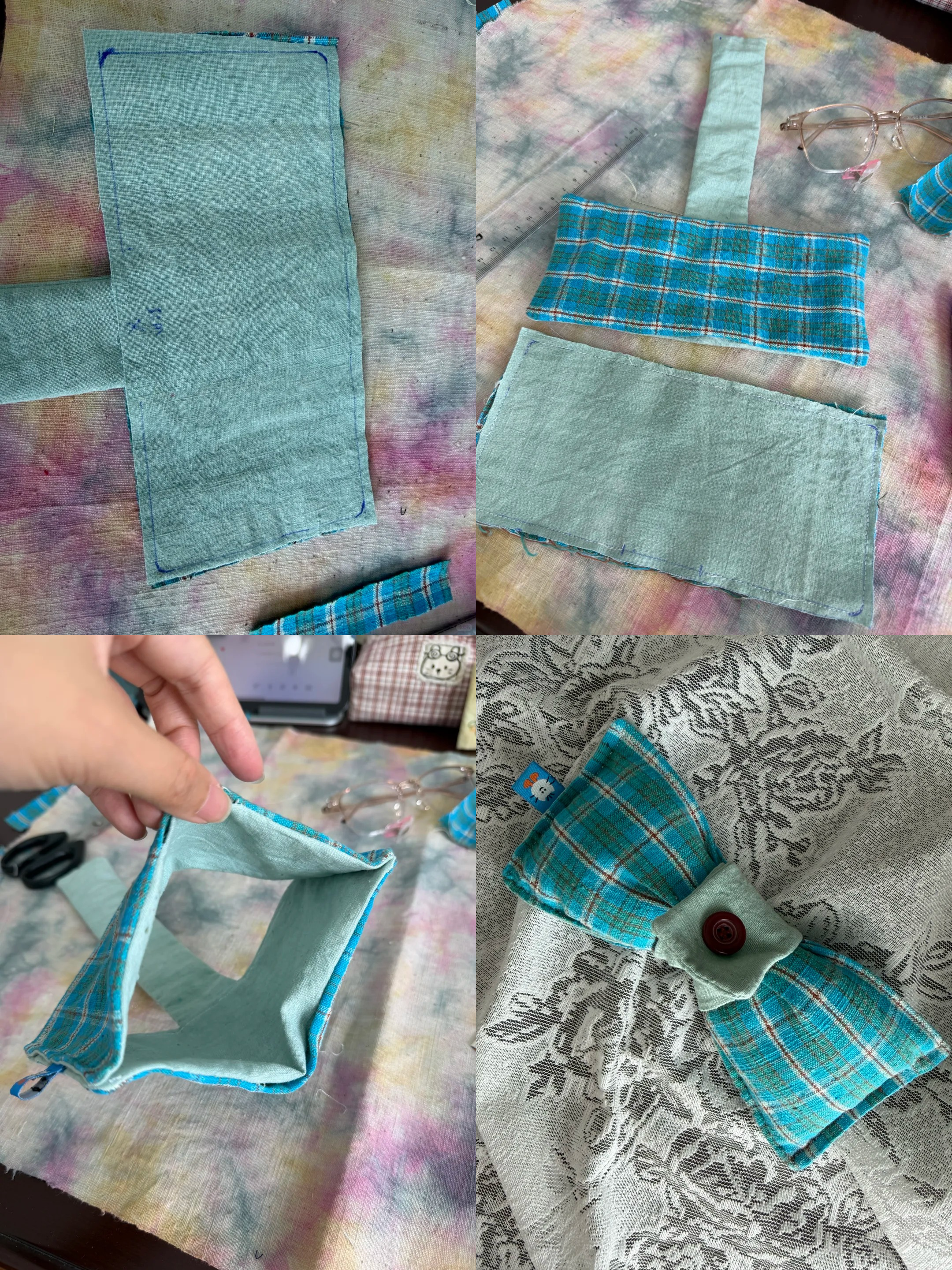 A handmade fabric Bow Glasses Bow Glasses Pouch shown in a four-panel collage: light blue fabric pieces, a plaid trim detail, a small fabric pouch with a zipper, and a matching fabric bow with a button closure on a patterned gray fabric.