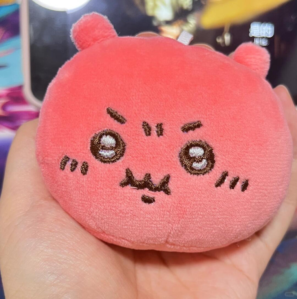 Handmade pink Chiikawa-inspired angry plush with embroidered face details