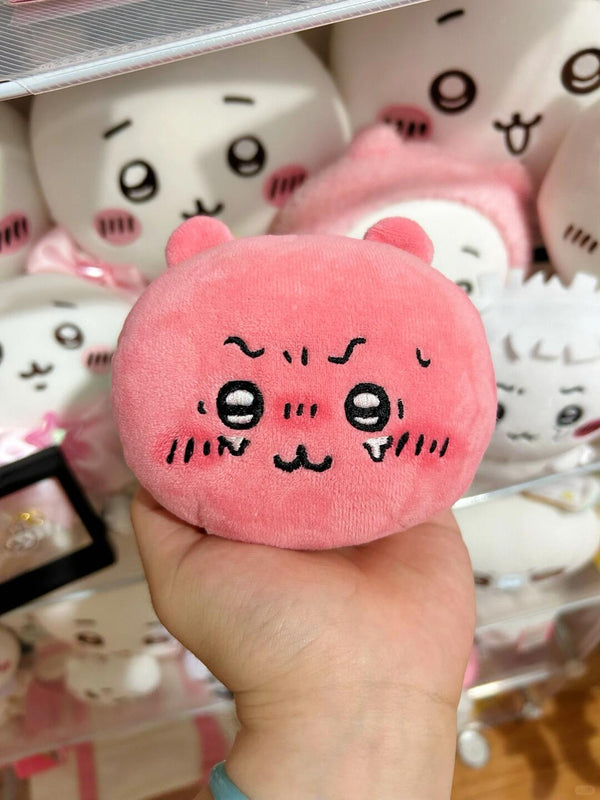Finished pink Chiikawa-inspired angry plush made from soft fabric, front view