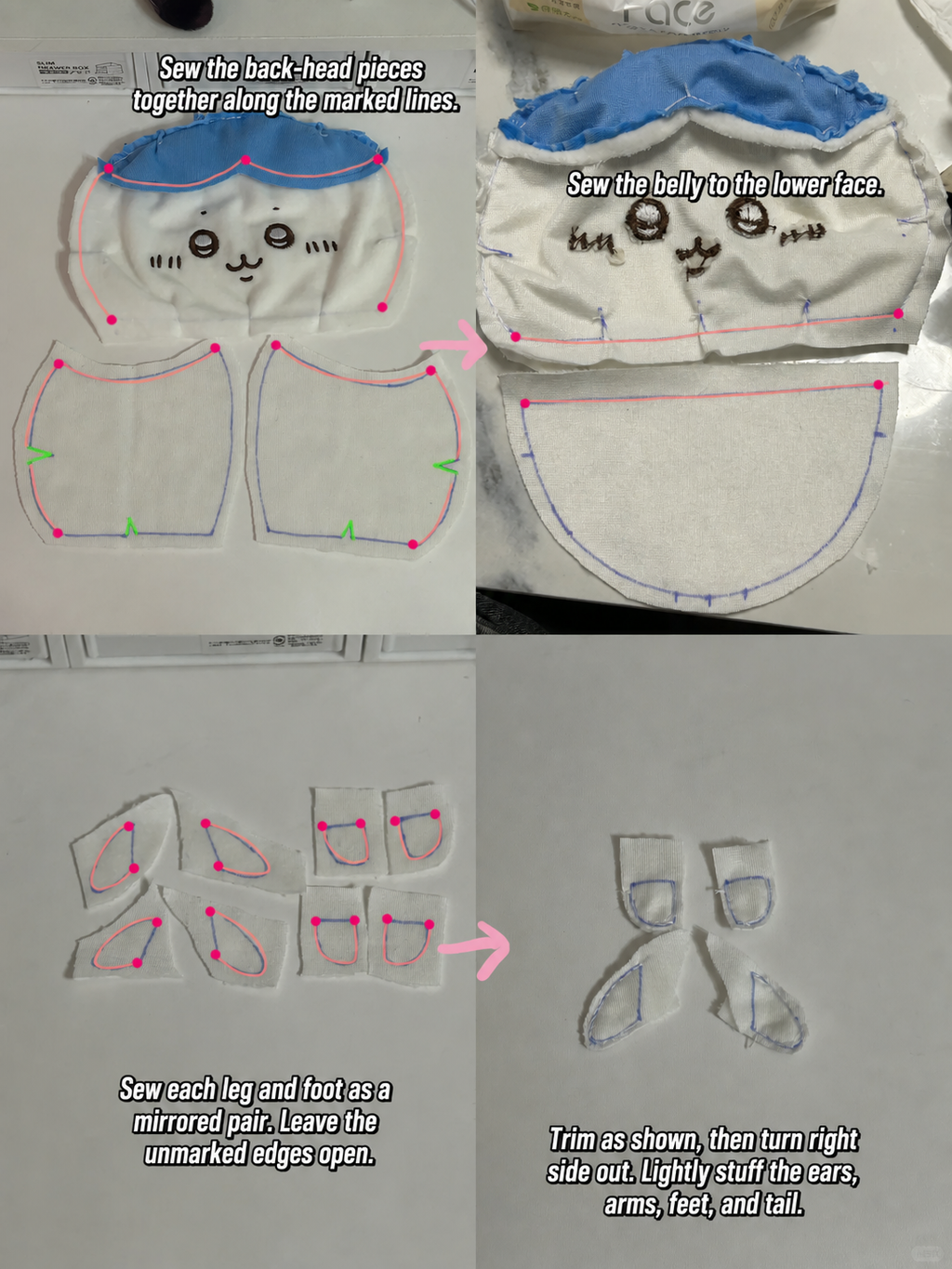 Hachiware plush body parts sewing and assembly guide