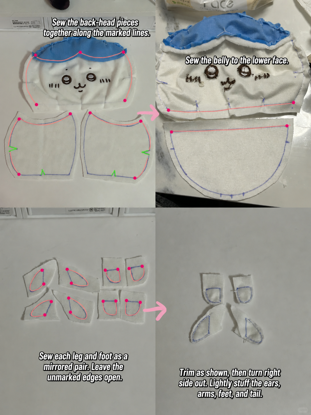 Hachiware plush body parts sewing and assembly guide
