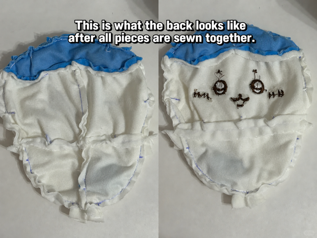Inside view of completed Hachiware plush sewing assembly
