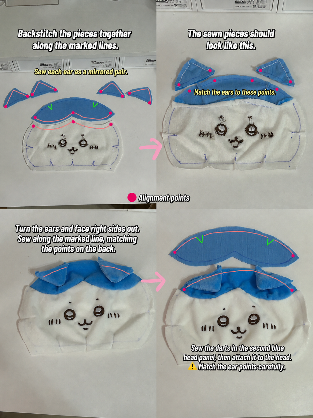 Hachiware plush ears and head sewing assembly tutorial