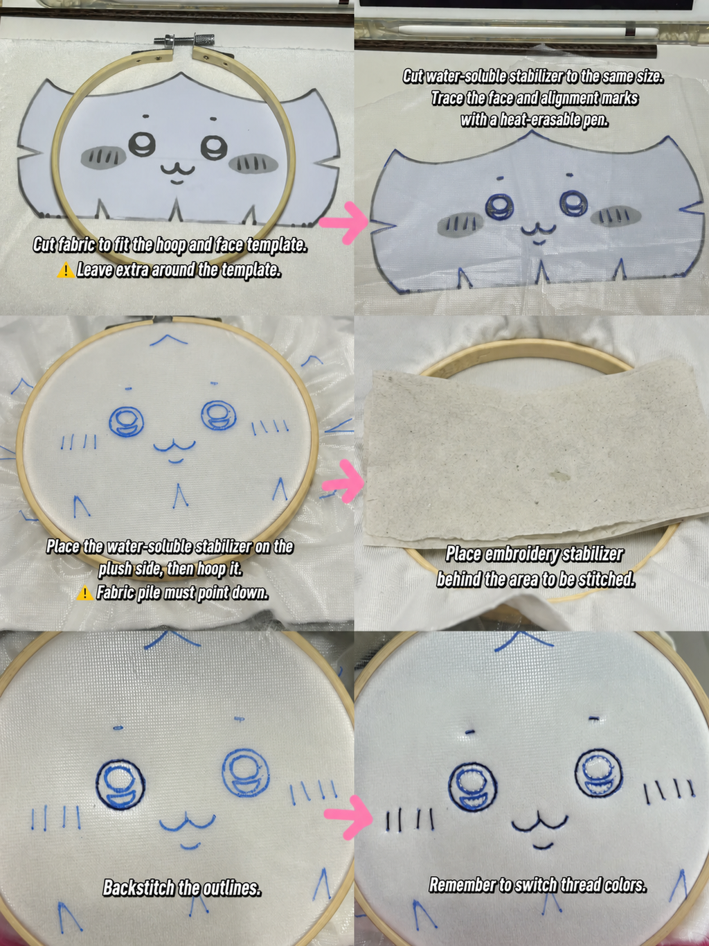 Hachiware plush face embroidery preparation and backstitch tutorial