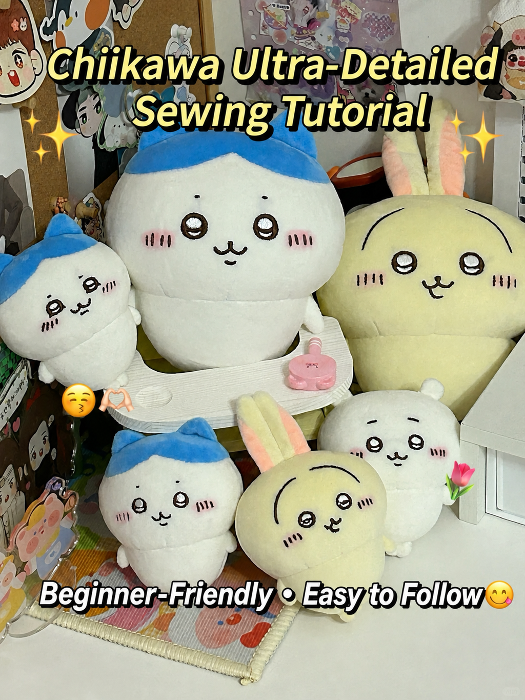 Hachiware plush sewing pattern tutorial cover with finished handmade plush toys