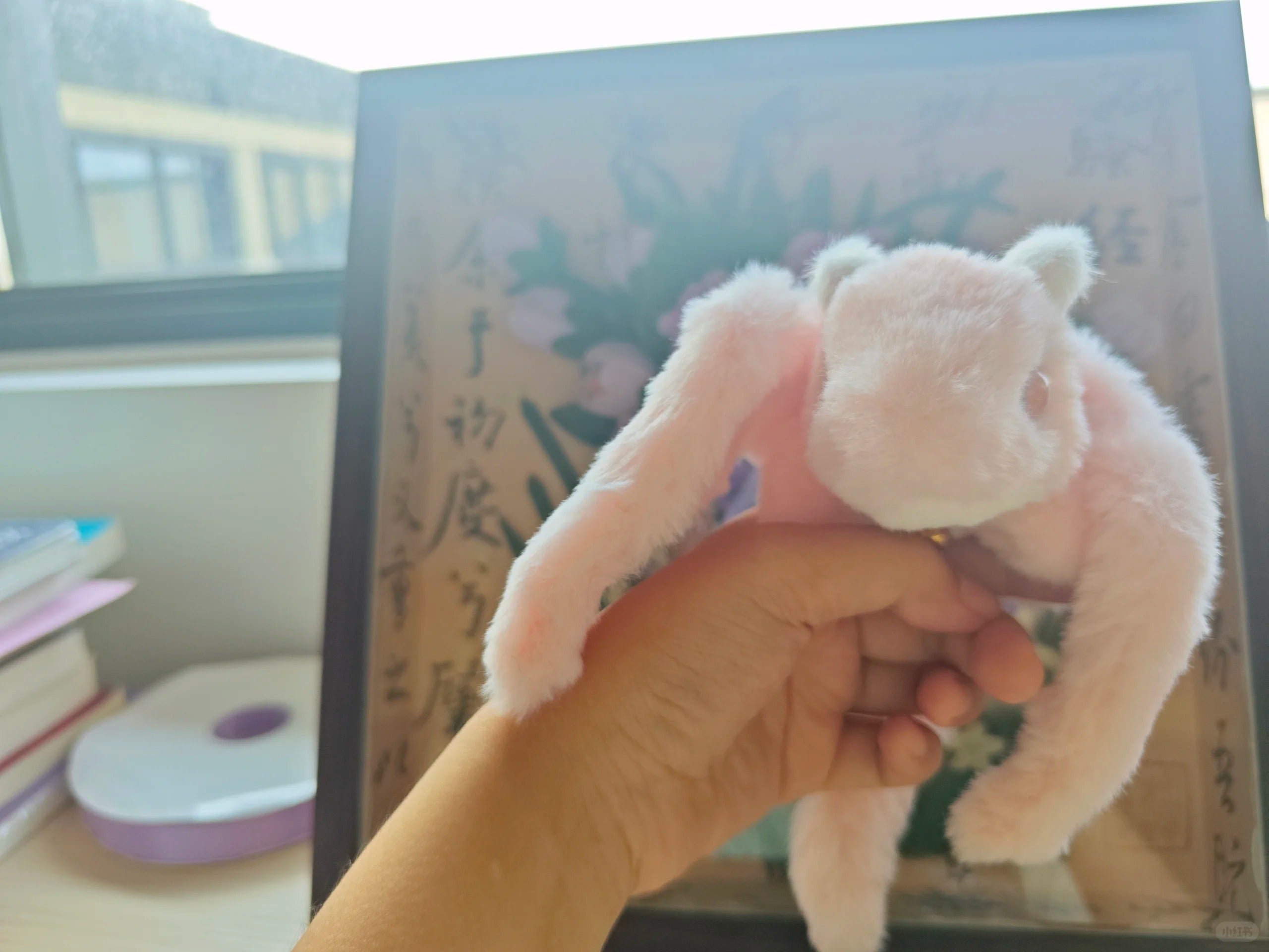 Hand holding a small dragon plush toy in front of a book with floral design