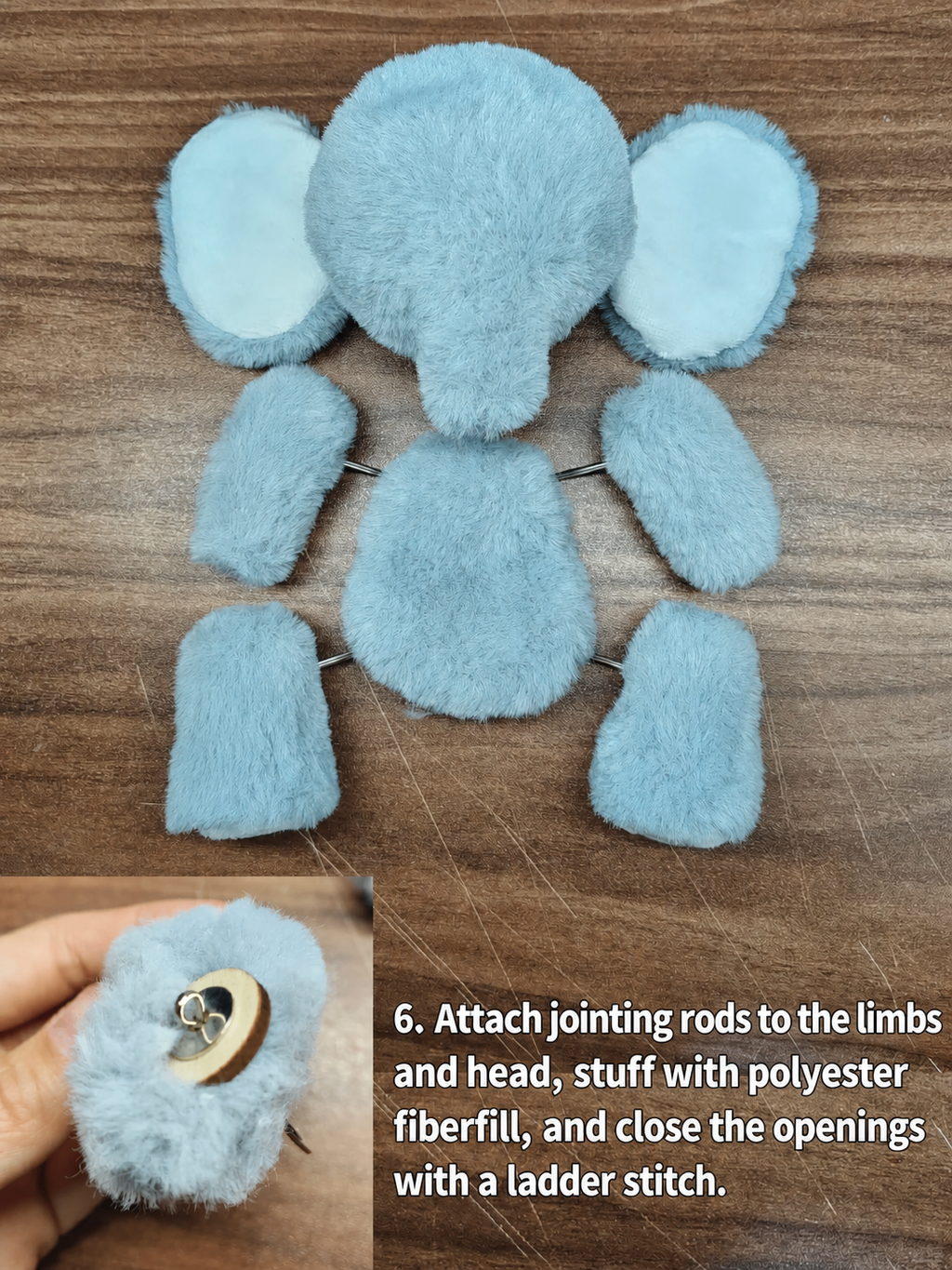Elephant plush assembly step 6 in English