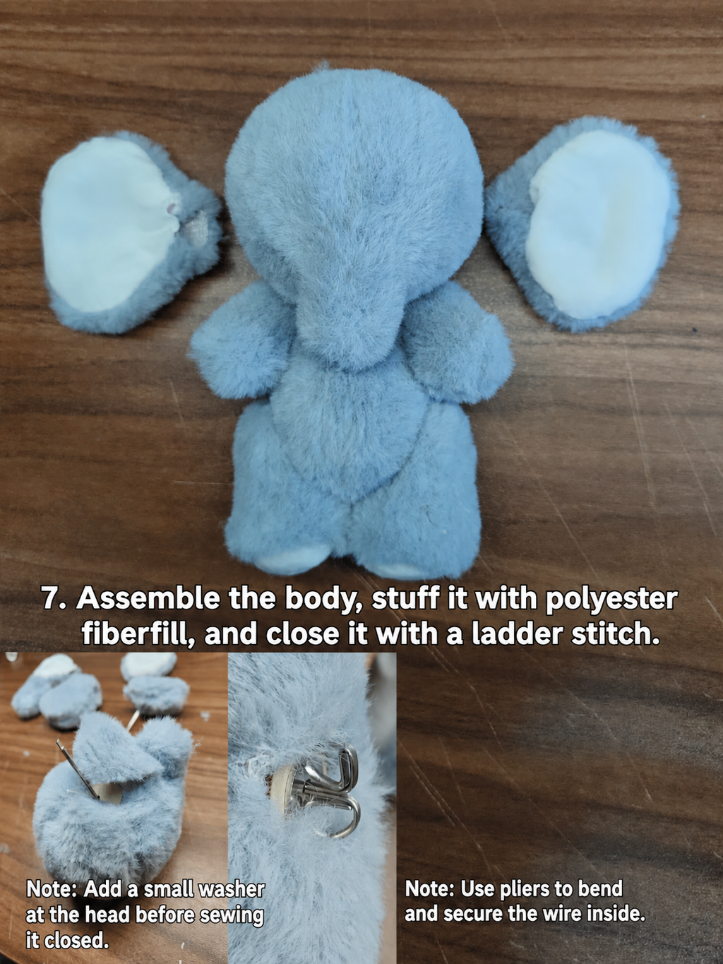 Elephant plush body assembly step 7 in English