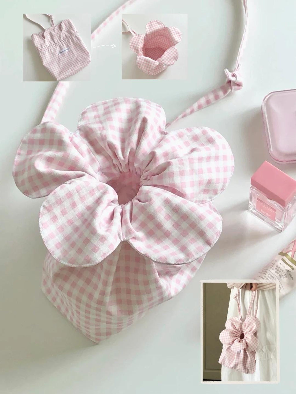 Pink gingham flower headband bag with matching accessories on a light background