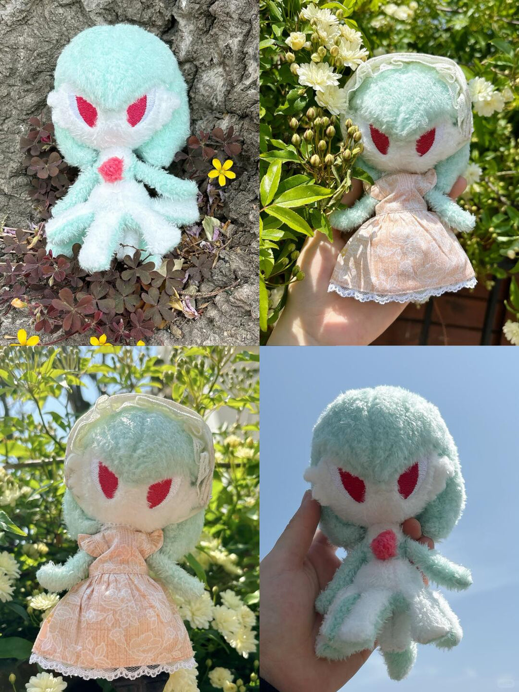 Collage of handmade Gardevoir plush dolls photographed outdoors, with and without a dress