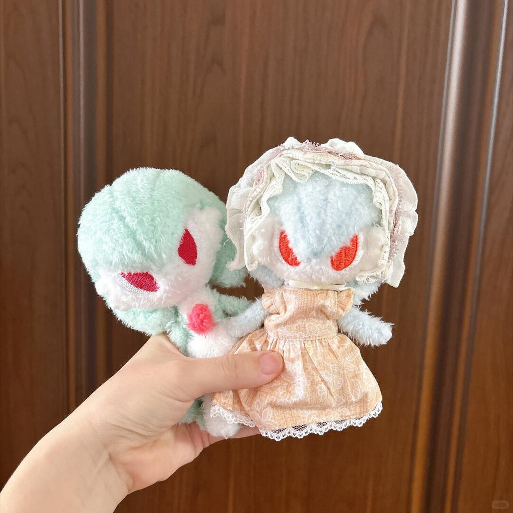 Handmade Gardevoir plush dolls in soft mint fabric, including a dressed doll version