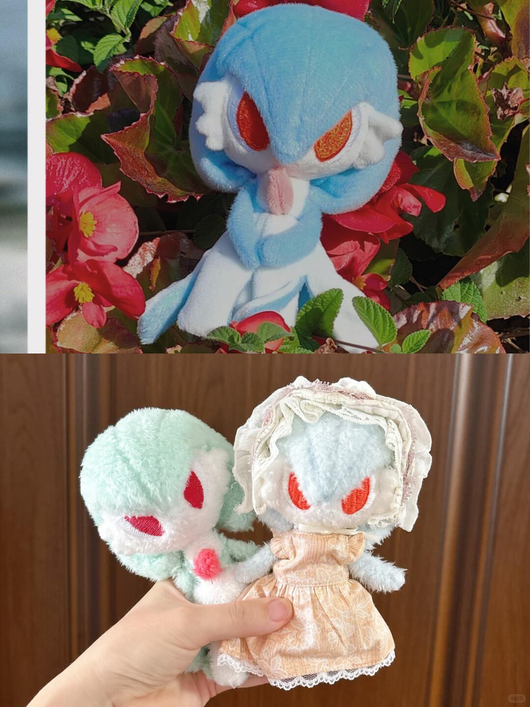 Gardevoir plush sewing pattern reference showing a handmade blue plush doll among flowers