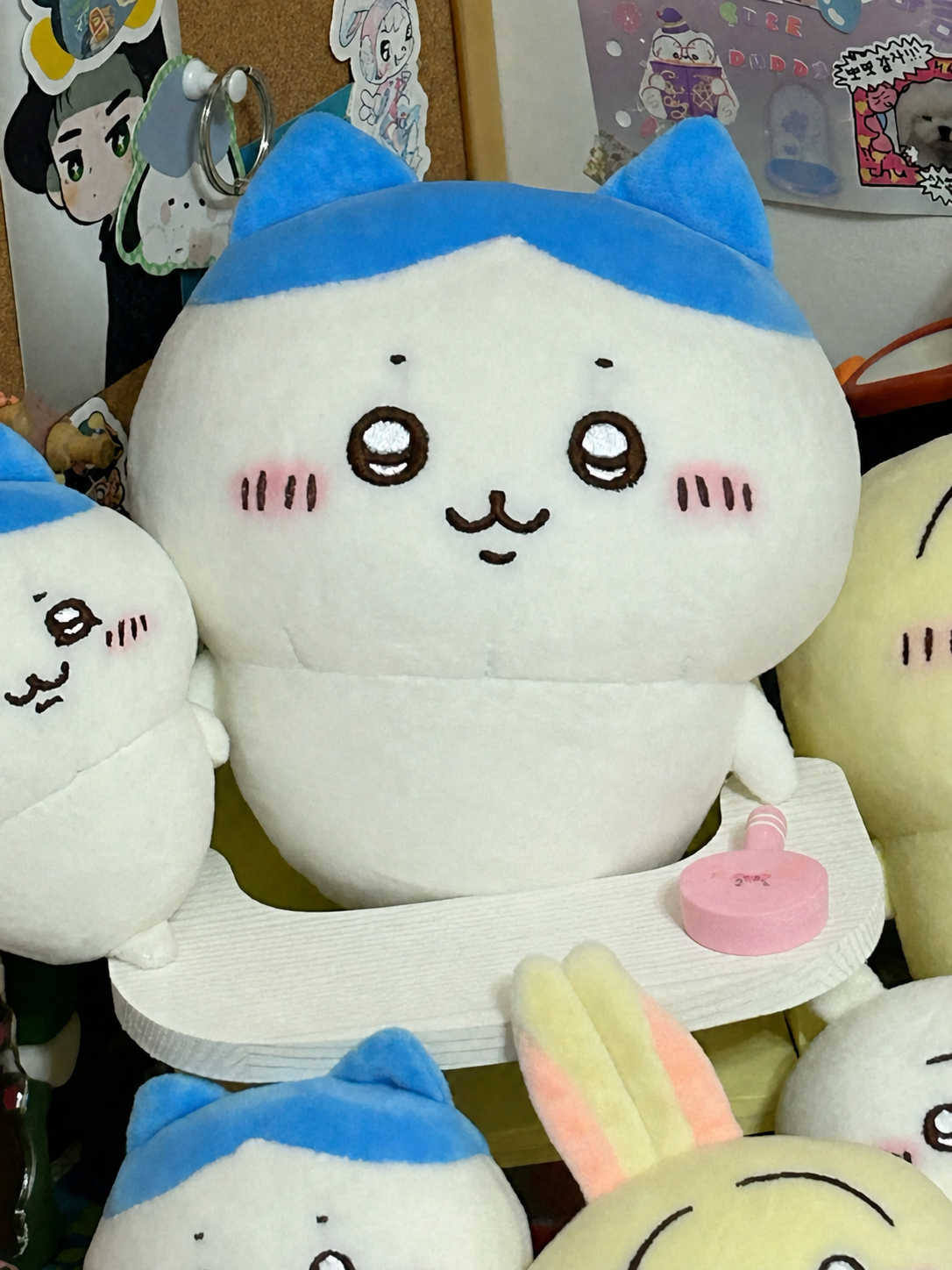 Finished handmade Hachiware plush displayed with other Chiikawa characters