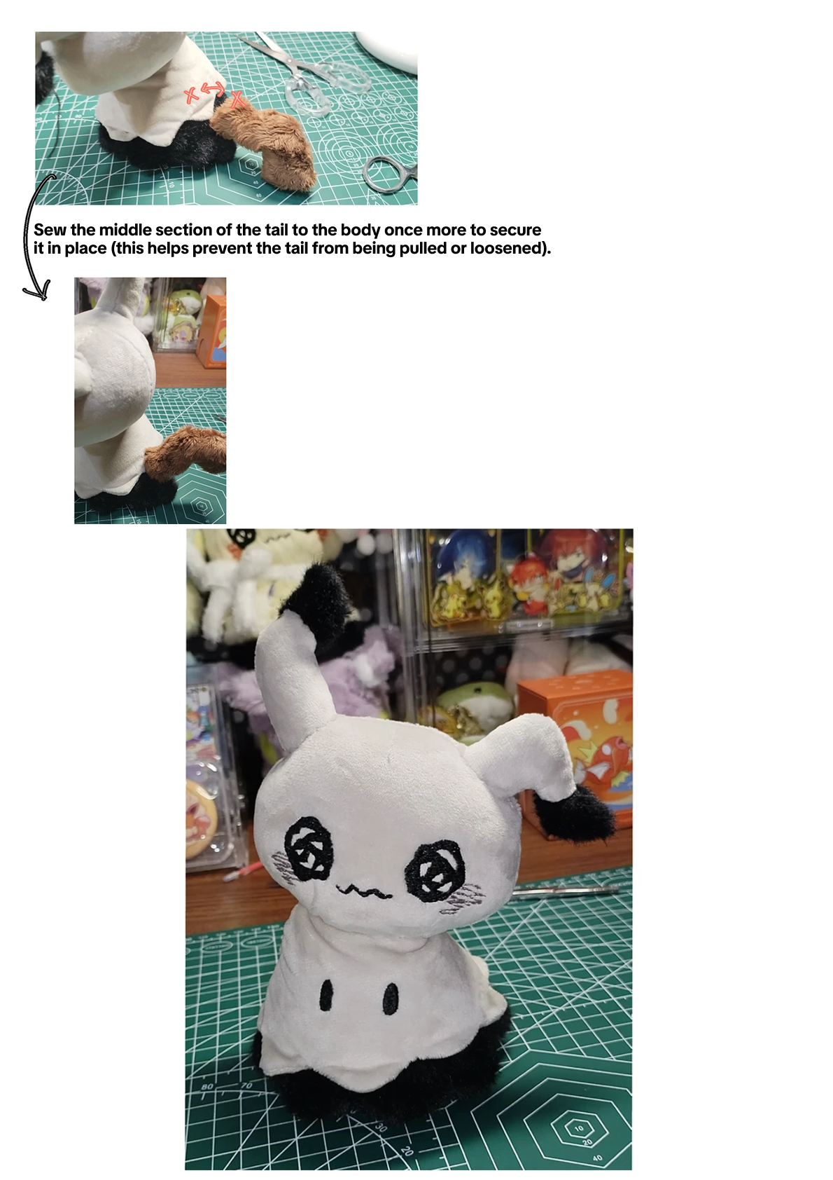 A handmade plush doll of a ghost-like mimikyu with black spiral eyes and a stitched tail, shown on a green cutting mat with a close-up inset of the tail attachment and a full-body view in the background.