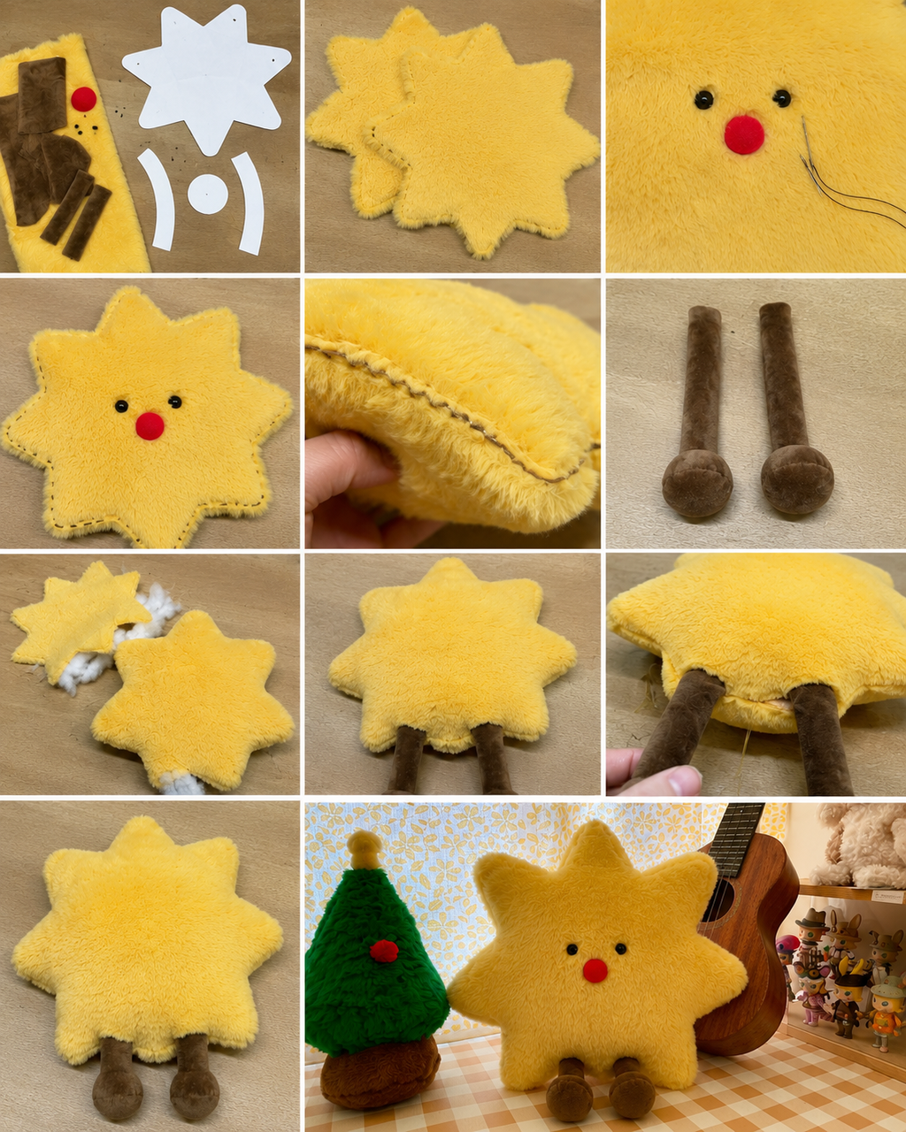 A 12-panel collage showing the step-by-step assembly of a yellow star-shaped plush toy with a face and brown legs. The collage includes close-ups of the yellow fuzzy material, the embroidered face, the back side of the plush, and the legs being attached.