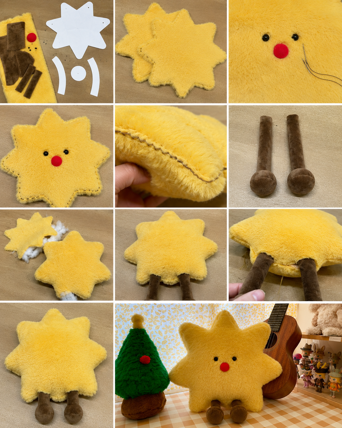 A 12-panel collage showing the step-by-step assembly of a yellow star-shaped plush toy with a face and brown legs. The collage includes close-ups of the yellow fuzzy material, the embroidered face, the back side of the plush, and the legs being attached.