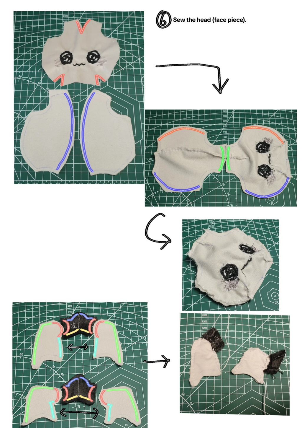 A step-by-step sewing tutorial collage showing fabric pieces for a how to make a mimikyu small plush , including a face piece, body panels, and attached limbs, arranged on a green cutting mat with arrows and text instructions.