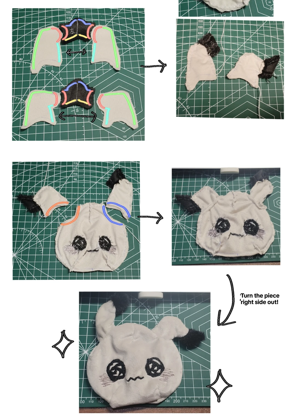 A step-by-step collage showing how to sew or assemble a small pokemon mimikyu plush character face or pouch. The panels include cut pieces, arrows, and a finished product on a green cutting mat, with handwritten notes and sparkle doodles.